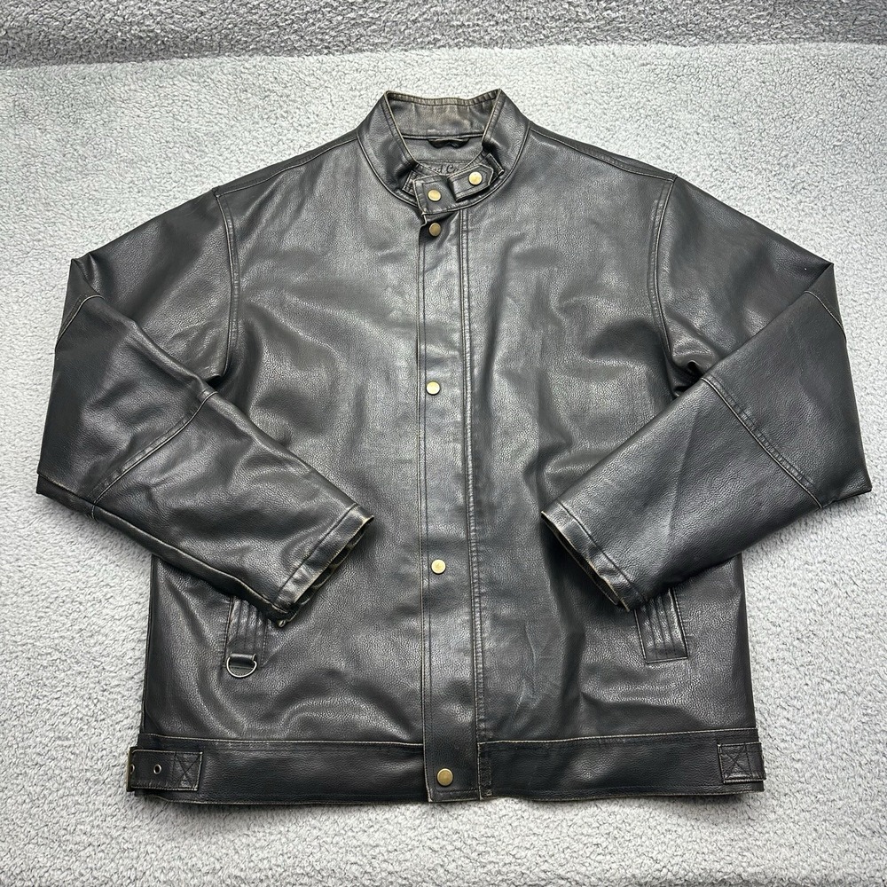 Red Camel Mens Large Motorcycle Race Style Black Faux Leather Polyvinyl Jacket